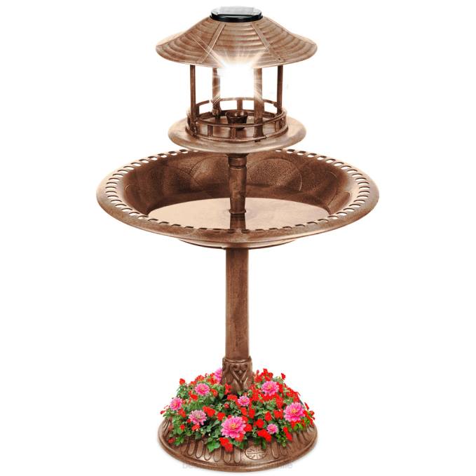 césped y jardín | Best Choice Products Baño para pájaros con pedestal para exteriores con luz solar y macetero, jaula decorativa para pájaros bronce08BN981