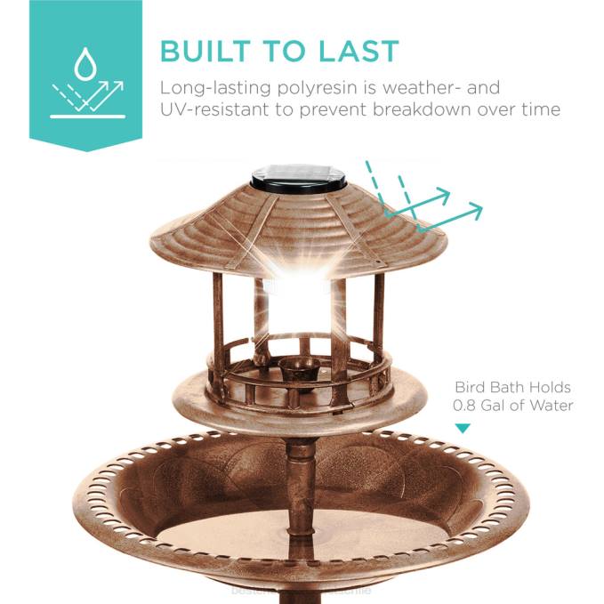 césped y jardín | Best Choice Products Baño para pájaros con pedestal para exteriores con luz solar y macetero, jaula decorativa para pájaros bronce08BN981