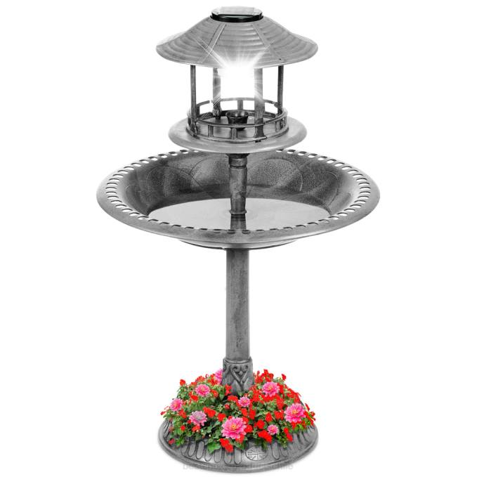 césped y jardín | Best Choice Products Baño para pájaros con pedestal para exteriores con luz solar y macetero, jaula decorativa para pájaros piedra08BN980