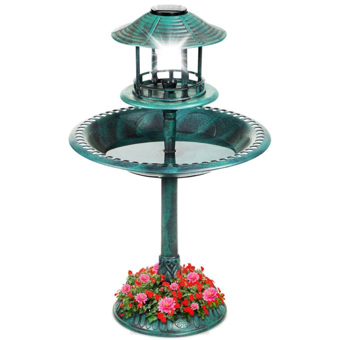 césped y jardín | Best Choice Products Baño para pájaros con pedestal para exteriores con luz solar y macetero, jaula decorativa para pájaros verde08BN982