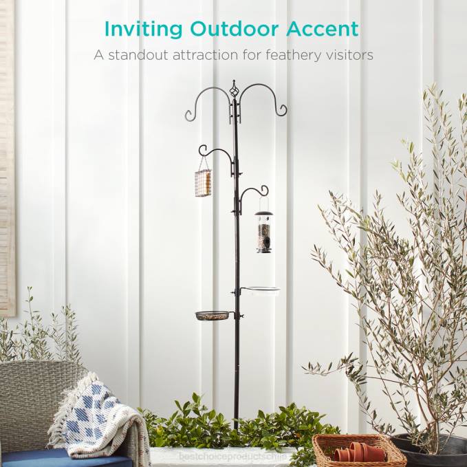 césped y jardín | Best Choice Products Estación de alimentación para pájaros con 4 ganchos, soporte de comedero de acero con 2 comederos para pájaros negro08BN437