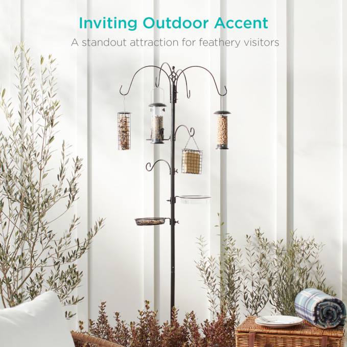 césped y jardín | Best Choice Products estación de alimentación para pájaros, soporte de comedero múltiple de acero de 6 ganchos con 4 comederos negro08BN443