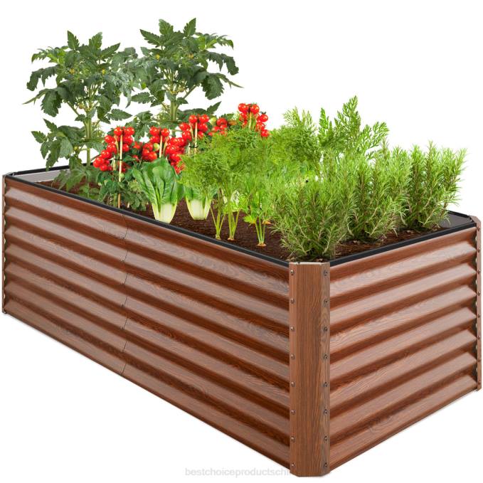 césped y jardín | Best Choice Products Cama de jardín elevada de metal para exteriores para verduras, flores y hierbas. grano de madera08BN460