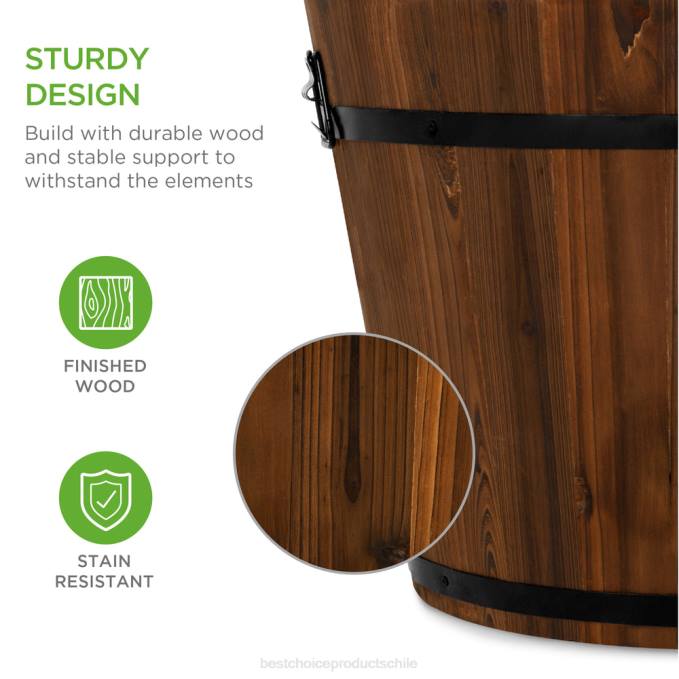 césped y jardín | Best Choice Products Juego de 3 maceteros de jardín de barril de madera rústica con orificios de drenaje marrón08BN954
