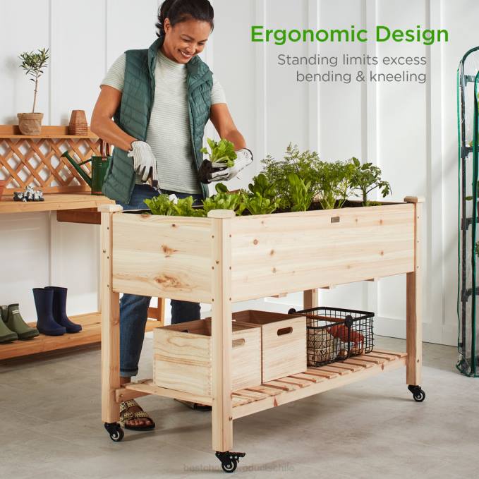 césped y jardín | Best Choice Products Macetero elevado móvil para jardín con ruedas y estante natural08BN473