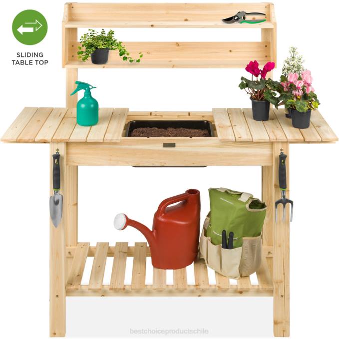 césped y jardín | Best Choice Products banco para macetas de jardín de madera con mesa deslizante, fregadero seco apto para alimentos natural08BN476