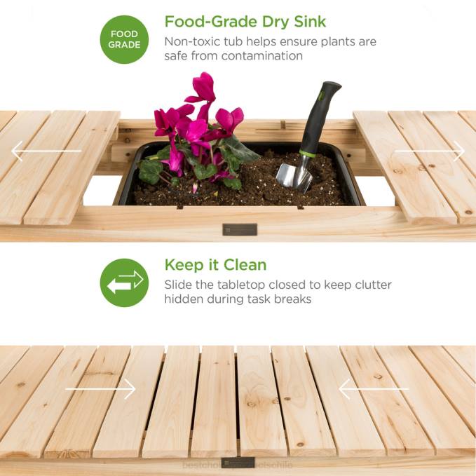 césped y jardín | Best Choice Products banco para macetas de jardín de madera con mesa deslizante, fregadero seco apto para alimentos natural08BN476