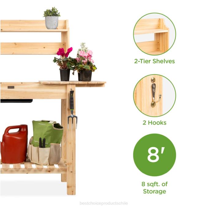 césped y jardín | Best Choice Products banco para macetas de jardín de madera con mesa deslizante, fregadero seco apto para alimentos natural08BN476