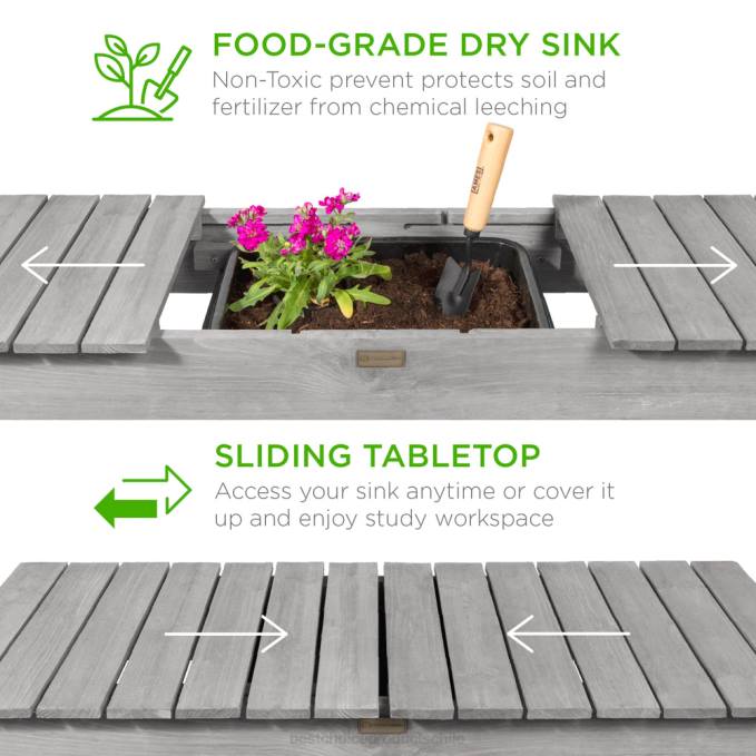 césped y jardín | Best Choice Products banco para macetas de jardín de madera con mesa deslizante, fregadero seco apto para alimentos, ruedas gris08BN957