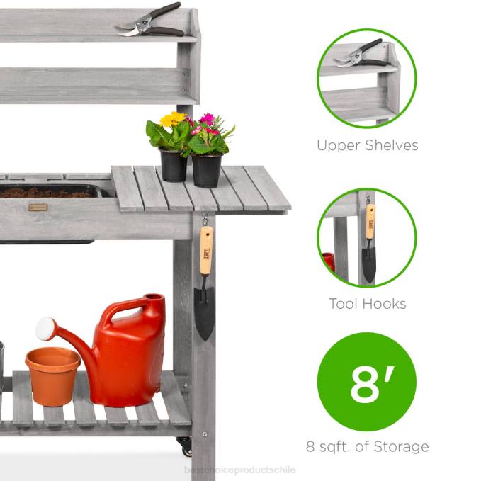 césped y jardín | Best Choice Products banco para macetas de jardín de madera con mesa deslizante, fregadero seco apto para alimentos, ruedas gris08BN957