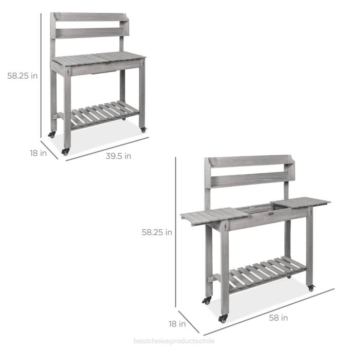 césped y jardín | Best Choice Products banco para macetas de jardín de madera con mesa deslizante, fregadero seco apto para alimentos, ruedas gris08BN957
