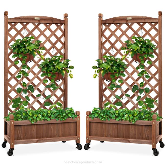césped y jardín | Best Choice Products juego de 2 maceteros de madera y enrejado de celosía con ruedas opcionales marrón08BN475