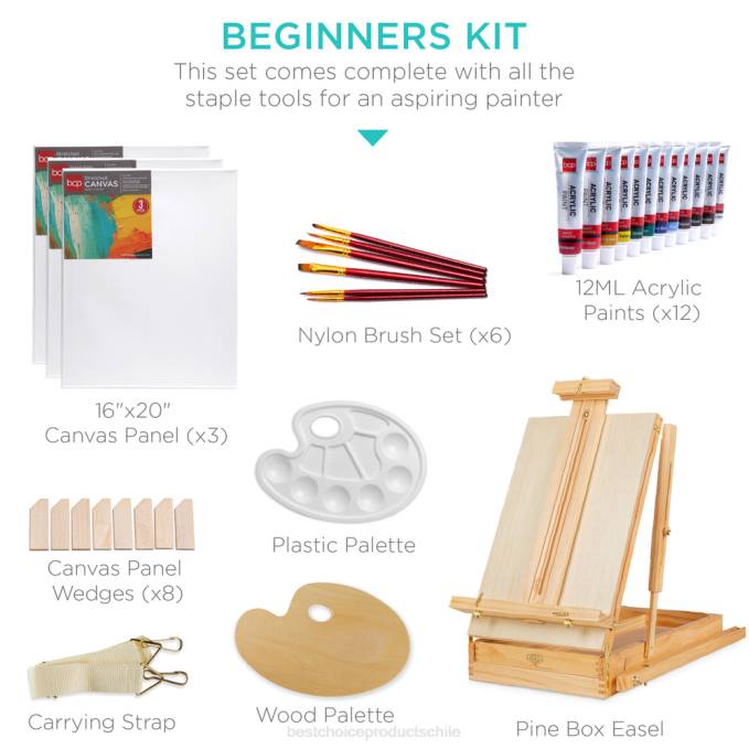 accesorio Best Choice Products Caballete francés de madera portátil con kit para principiantes de 32 piezas natural08BN1033