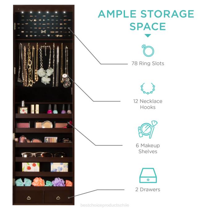accesorio Best Choice Products Armario con espejo de joyería de pie de 6 niveles con luces LED Café exprés08BN711