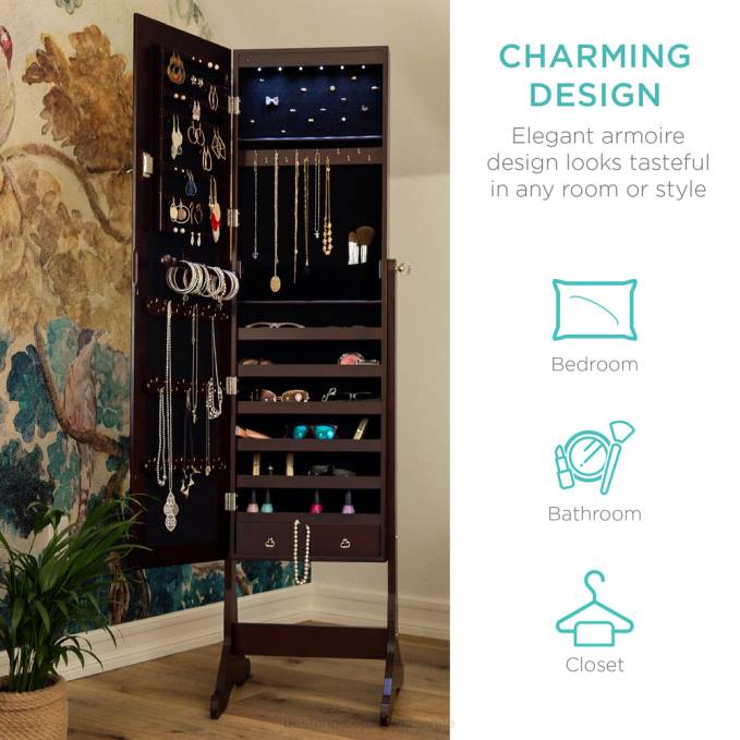 accesorio Best Choice Products Armario con espejo de joyería de pie de 6 niveles con luces LED Café exprés08BN711