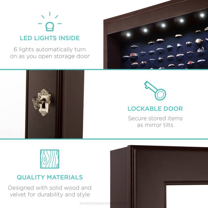 accesorio Best Choice Products Armario con espejo de joyería de pie de 6 niveles con luces LED Café exprés08BN711