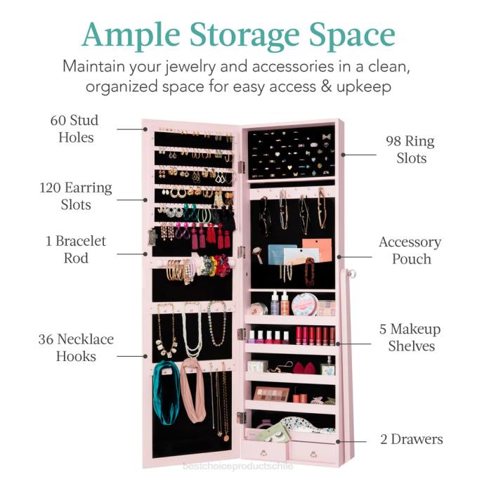 accesorio Best Choice Products Armario con espejo para joyería independiente de cuerpo entero con interior de terciopelo Rosa empolvado08BN1199