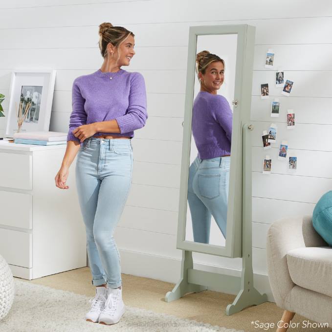 accesorio Best Choice Products Armario con espejo para joyería independiente de cuerpo entero con interior de terciopelo azul pálido08BN1203