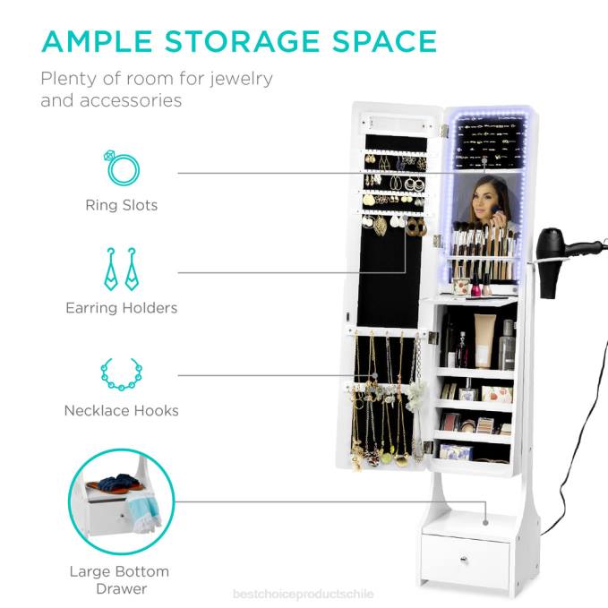 accesorio Best Choice Products Armario de joyería con espejo LED de cuerpo entero de pie con luces interiores y exteriores blanco08BN1184