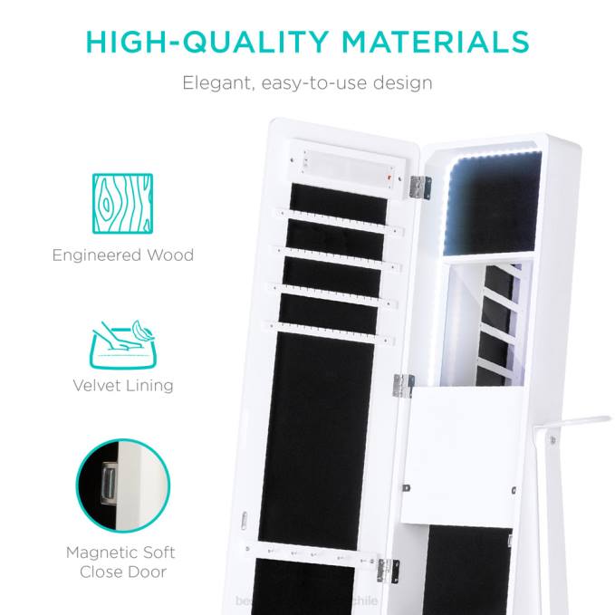 accesorio Best Choice Products Armario de joyería con espejo LED de cuerpo entero de pie con luces interiores y exteriores blanco08BN1184