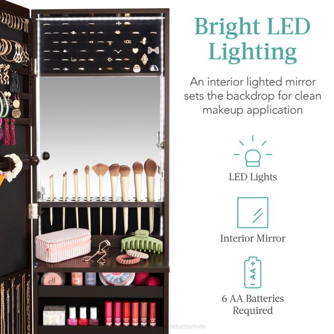 accesorio Best Choice Products Armario para joyería con espejo de montaje en puerta/pared con espejo interior, luces LED Café exprés08BN605