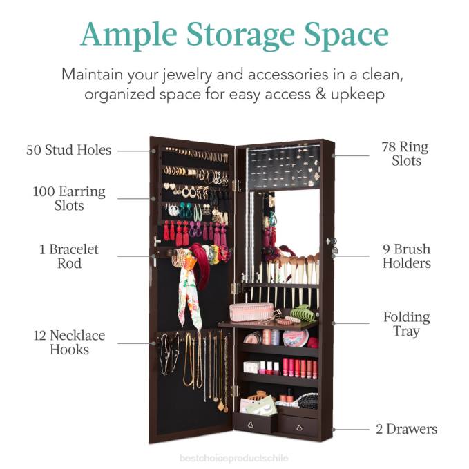 accesorio Best Choice Products Armario para joyería con espejo de montaje en puerta/pared con espejo interior, luces LED Café exprés08BN605