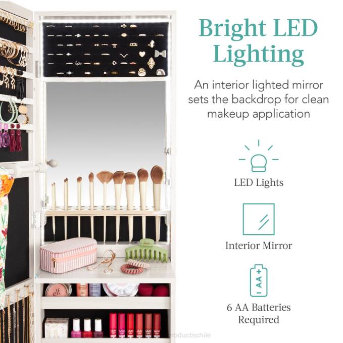 accesorio Best Choice Products Armario para joyería con espejo de montaje en puerta/pared con espejo interior, luces LED blanco costero08BN609
