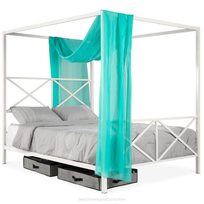 accesorio Best Choice Products Marco de cama con dosel de metal moderno tamaño queen de 4 postes con cabecera y pie de cama blanco08BN1300