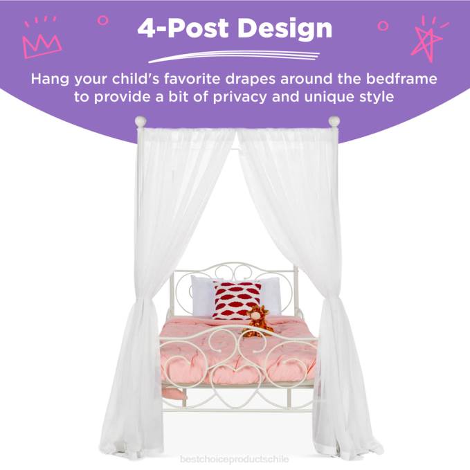 accesorio Best Choice Products Marco de cama doble con dosel de metal clásico de 4 postes y diseño de volutas de corazón blanco08BN361