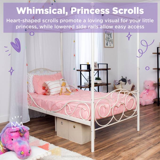 accesorio Best Choice Products Marco de cama doble con dosel de metal clásico de 4 postes y diseño de volutas de corazón blanco08BN361