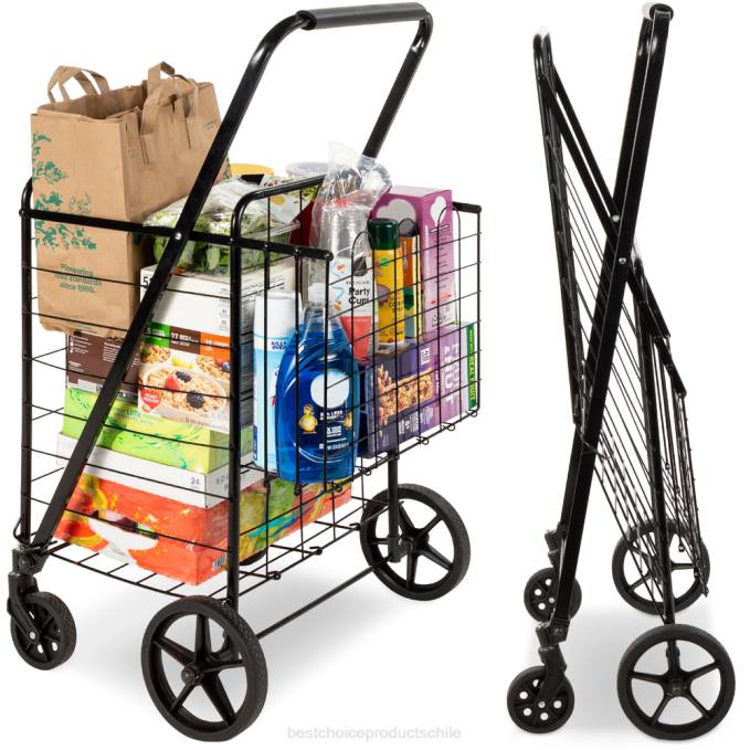 accesorio Best Choice Products Carrito de supermercado plegable de acero con canasta doble, ruedas giratorias, tapa de 220 lb negro08BN1177