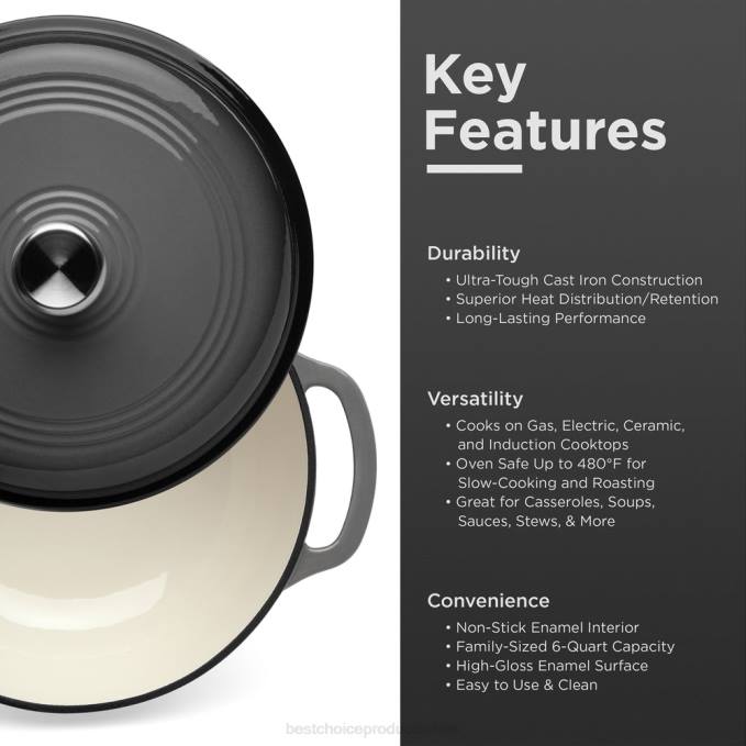 accesorio Best Choice Products utensilios de cocina de horno holandés de hierro fundido con esmalte y mangos gris08BN326