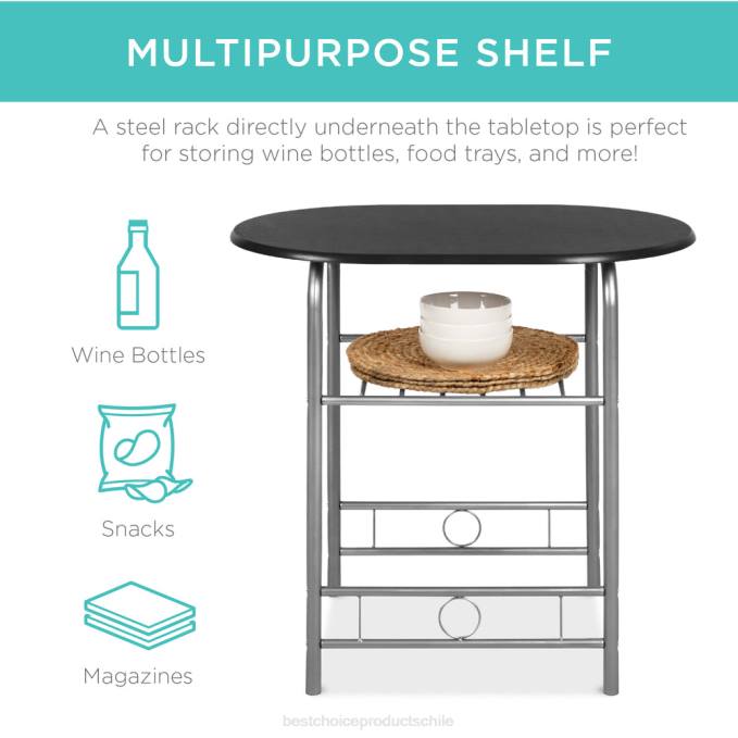 accesorio Best Choice Products Juego de comedor de 3 piezas, mesa y sillas de madera con estante inferior de almacenamiento. negro/plata08BN1256