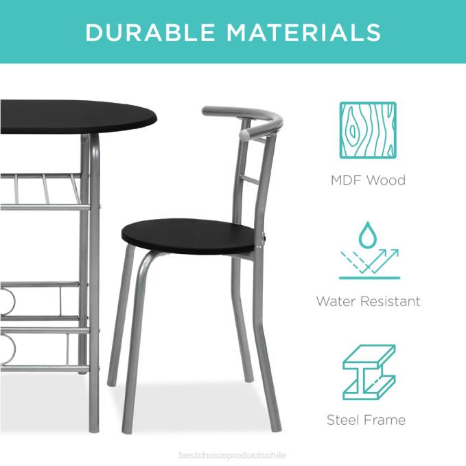 accesorio Best Choice Products Juego de comedor de 3 piezas, mesa y sillas de madera con estante inferior de almacenamiento. negro/plata08BN1256