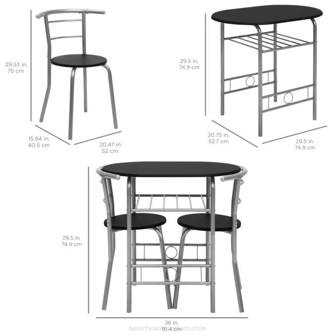 accesorio Best Choice Products Juego de comedor de 3 piezas, mesa y sillas de madera con estante inferior de almacenamiento. negro/plata08BN1256