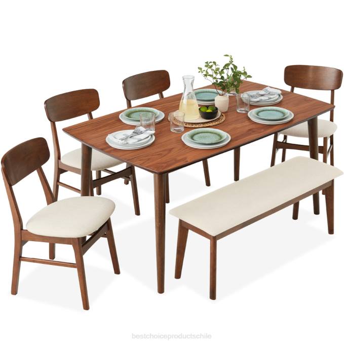 accesorio Best Choice Products Juego de comedor moderno de madera tapizado de mediados de siglo de 6 piezas con 4 sillas y banco nuez/crema08BN657