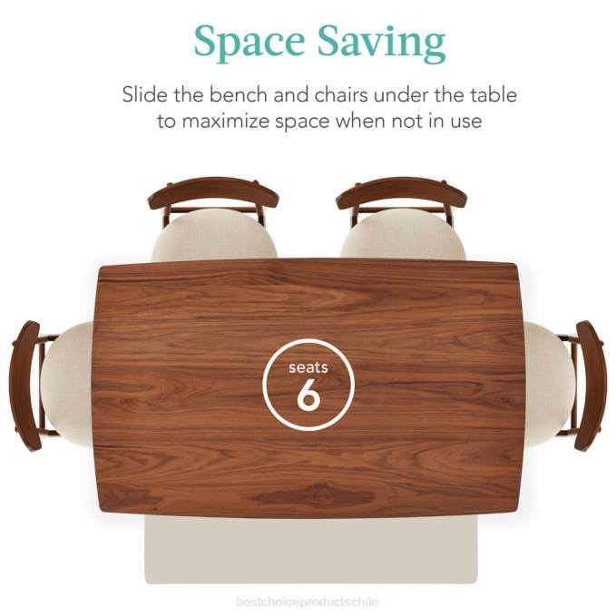 accesorio Best Choice Products Juego de comedor moderno de madera tapizado de mediados de siglo de 6 piezas con 4 sillas y banco nuez/crema08BN657