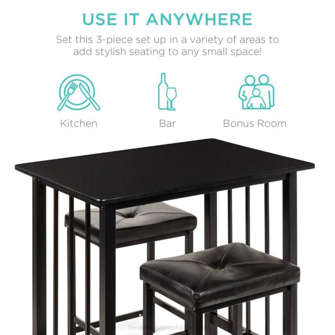 accesorio Best Choice Products Juego de mesa de comedor de 3 piezas con altura de mostrador y 2 taburetes, diseño que ahorra espacio negro08BN1266