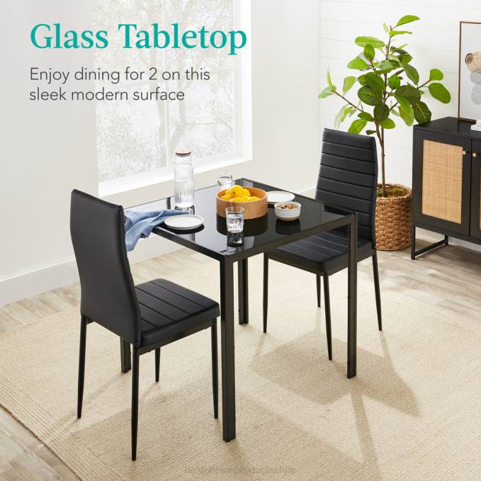 accesorio Best Choice Products Juego de mesa de comedor de 3 piezas con tapa de cristal y sillas de cuero. negro08BN672
