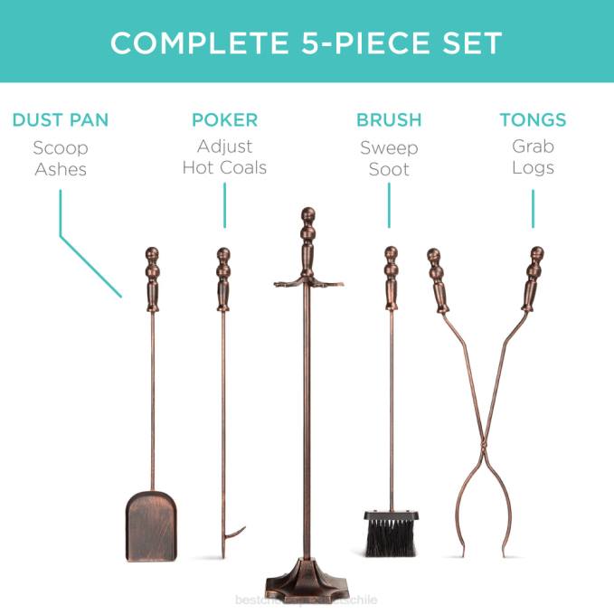 accesorio Best Choice Products Juego de herramientas para chimenea y brasero de interior y exterior de hierro rústico de 5 piezas con soporte cobre08BN704