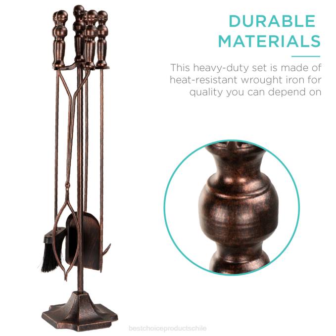 accesorio Best Choice Products Juego de herramientas para chimenea y brasero de interior y exterior de hierro rústico de 5 piezas con soporte cobre08BN704
