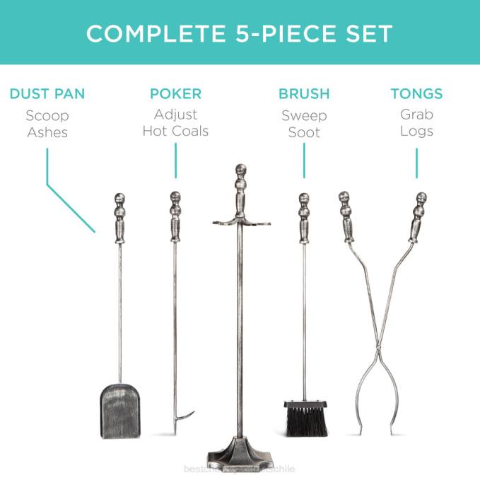 accesorio Best Choice Products Juego de herramientas para chimenea y brasero de interior y exterior de hierro rústico de 5 piezas con soporte estaño08BN705