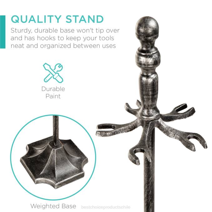 accesorio Best Choice Products Juego de herramientas para chimenea y brasero de interior y exterior de hierro rústico de 5 piezas con soporte estaño08BN705