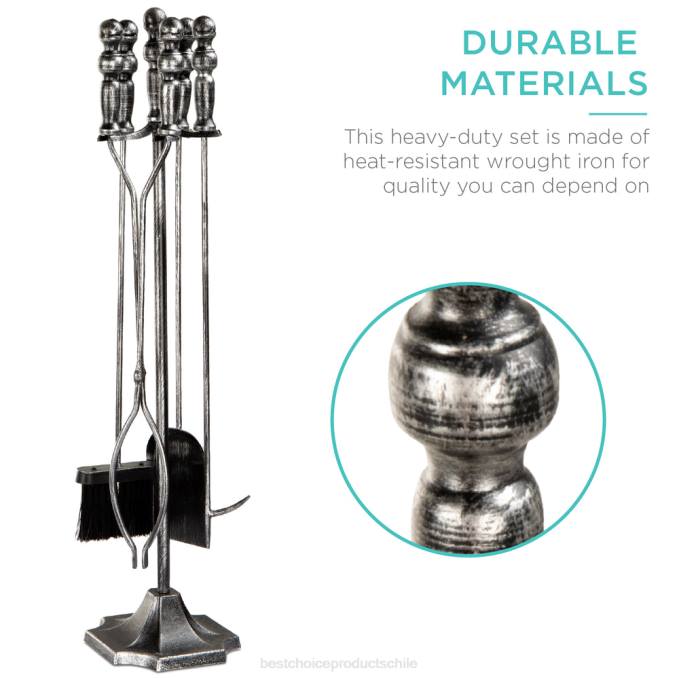 accesorio Best Choice Products Juego de herramientas para chimenea y brasero de interior y exterior de hierro rústico de 5 piezas con soporte estaño08BN705