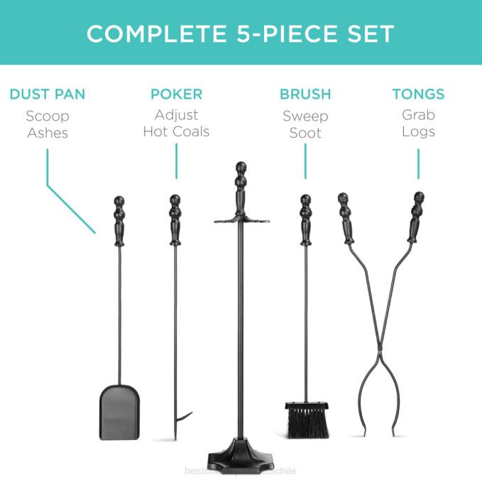 accesorio Best Choice Products Juego de herramientas para chimenea y brasero de interior y exterior de hierro rústico de 5 piezas con soporte negro08BN703