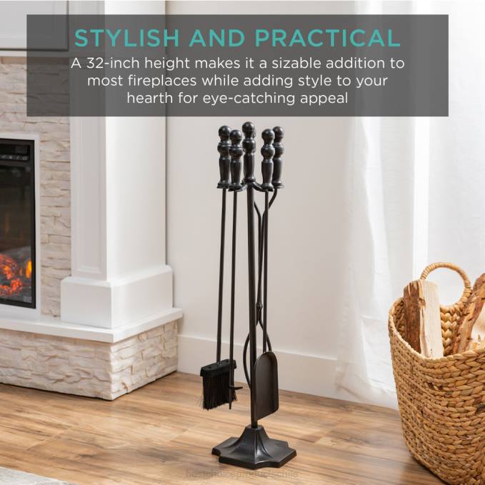 accesorio Best Choice Products Juego de herramientas para chimenea y brasero de interior y exterior de hierro rústico de 5 piezas con soporte negro08BN703