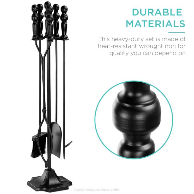 accesorio Best Choice Products Juego de herramientas para chimenea y brasero de interior y exterior de hierro rústico de 5 piezas con soporte negro08BN703