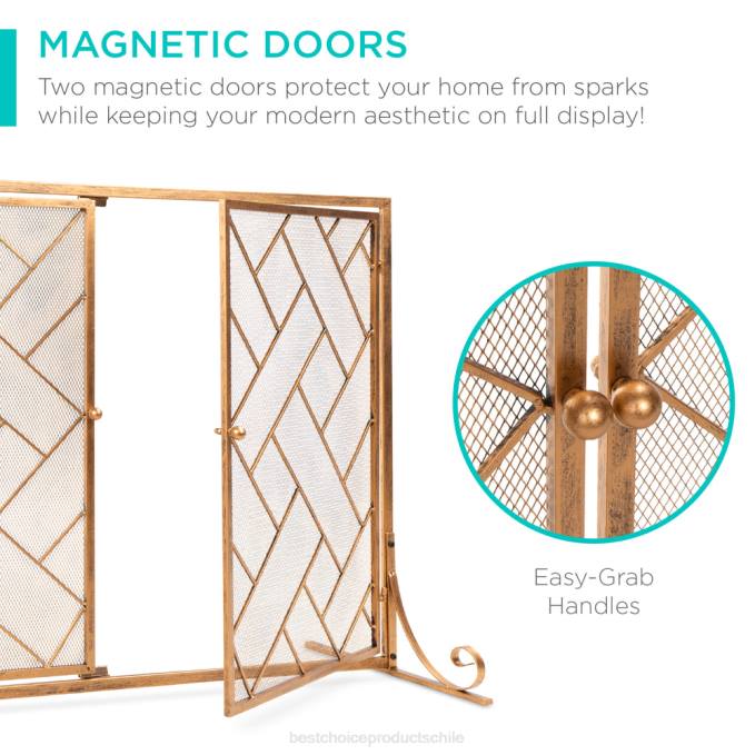 accesorio Best Choice Products Mampara de chimenea geométrica de hierro forjado de 2 paneles con puertas magnéticas oro08BN714