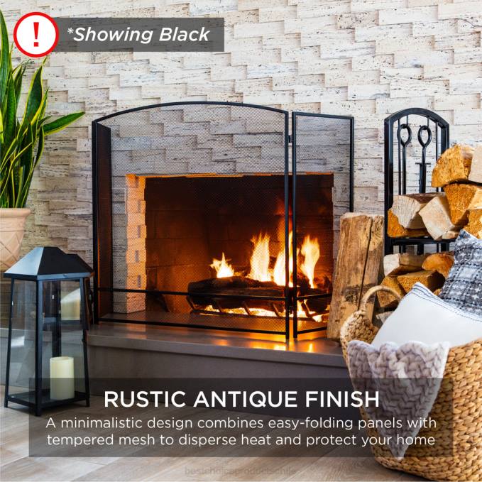 accesorio Best Choice Products Pantalla de chimenea de malla de acero simple de 3 paneles con acabado desgastado negro08BN660