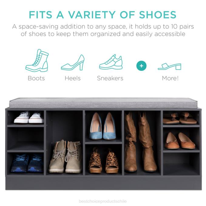 accesorio Best Choice Products banco para guardar zapatos con asiento acolchado, 10 cubículos gris08BN1185